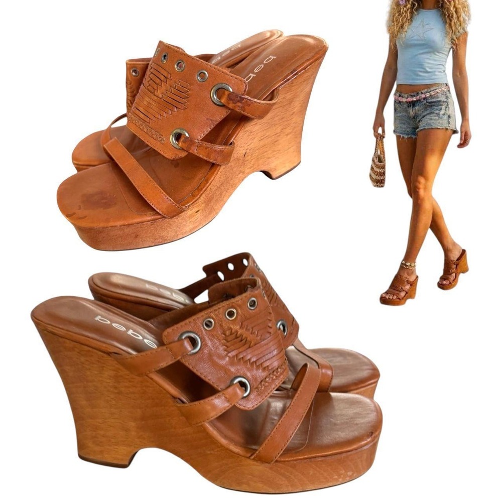 Stunning rare vintage 90s Bebe chunky wooden platform sandals 8.5-9 EUC - Picture 4 of 6
